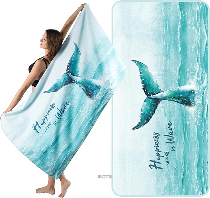 Umade Oversized Microfiber Beach Towel, L 73" x 35.5" - Sand Free Quick Dry Lightweight Travel Towel, Hanging Loop & Elastic Strap, Whale Tail Design (Aqua Blue)