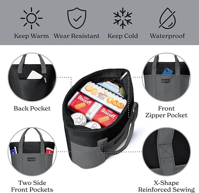 SMIRLY Large Insulated Cooler Bag, Thermal Insulated Grocery Bags, Collapsible Cooler Tote for Travel,Beach or Picnic
