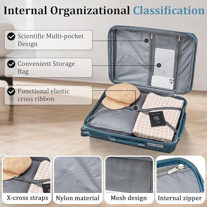 4 Piece Luggage Set PP Hardshell, Expandable Suitcase Set (20/24/28) with 14" Cosmetic Case, Lightweight Spinner Wheels with TSA Lock, Detachable Wheels for Nesting Storage (Peacock Blue)