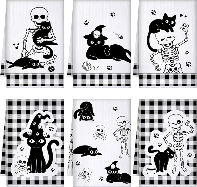 Bencailor 6 Pcs Skull Kitchen Towels Cute Black Cat Skeleton Dish Hand Towels Skull Tea Washcloth for Bathroom Kitchen Gothic Horror Decor Gifts 24 x 16''