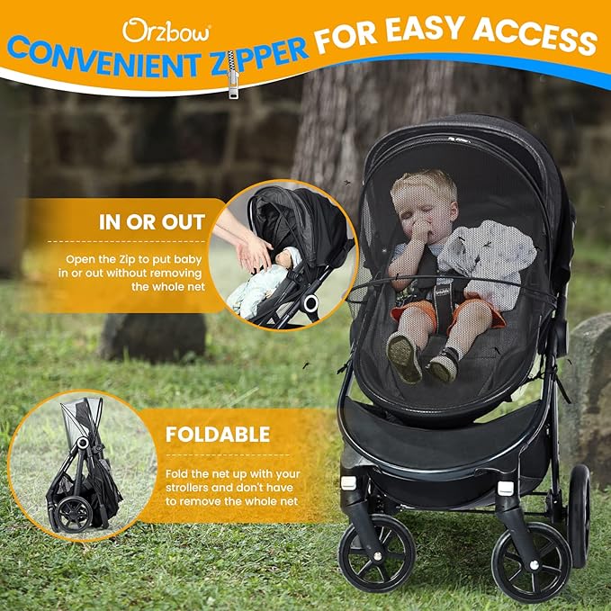 Orzbow Baby Mosquito Net with Sun Shade UPF50+ for Stroller, Universal Stroller Mosquito Netting Privacy Cover with Two-Way Zipper and Storage Bag for Car Seats, Bassinets, Cradles, Mini Cribs, Grey