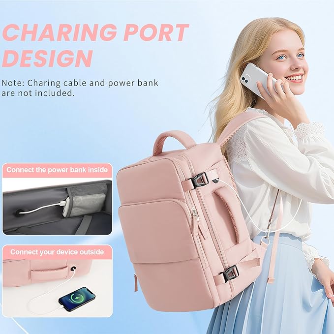 Travel Backpack, Carry on Flight approved Travel Bag with Multi-Pockets, Waterproof 17.3inch Laptop Backpack for Men Women, Pink