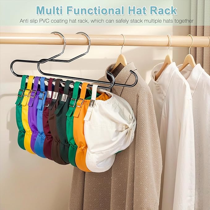 Hat Storage Organizer for Baseball Caps, Lomrsiul Non Slip PVC Coating Hat Rack Hangers for Closet Hat Holder Max 10 Hats Closet Organizers and Storage for Cap Purse Belt Tie Bra Black 4 Pack