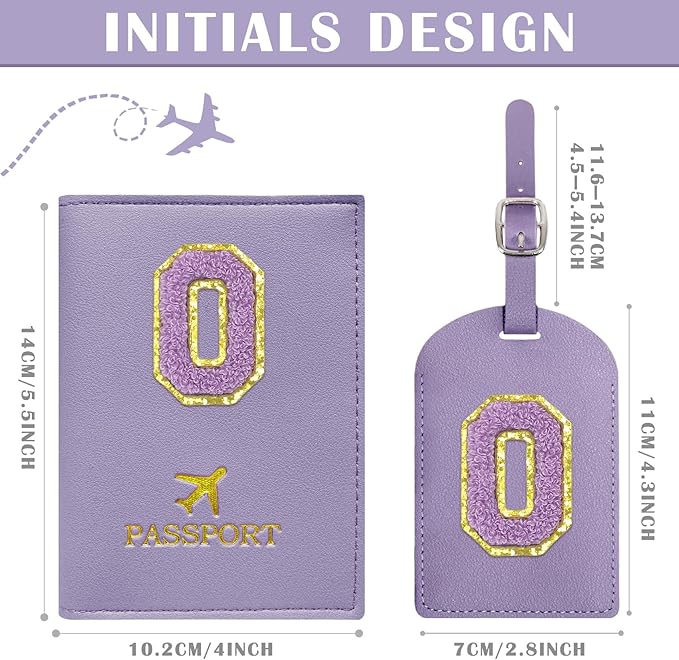 COSHAYSOO Initial Passport Cover Luggage Tag Set Letter Passport Holder Airplane Cruise Travel Essentials Vacation Traveling Accessories Personalized Gifts for Women Teen College Girls Purple O