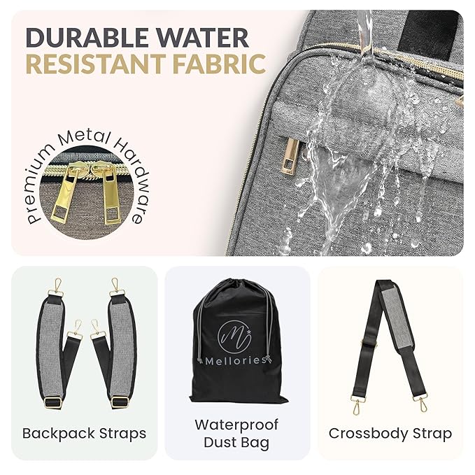 Mellories 4 in 1 Convertible Baby Diaper Bag – Converts from Tote to Backpack, Stroller & Crossbody Diaper Bag – Gray Baby Travel Bag – Gift for Moms