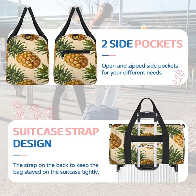 Yellow Green Pineapple Travel Duffle Bag for Women Men, Overnight Weekender Bag, Carry on Tote for Sport Gym