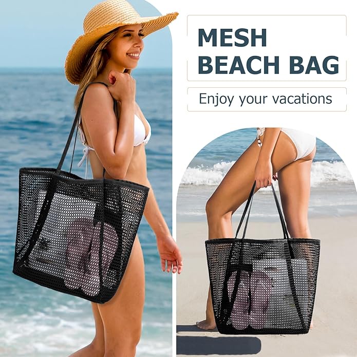 Iioscre Beach Bag for Women, Causal Hobo Pool Bags with Zipper Inner Pocket, Foldable Swim Tote Bag for Vacation Essentials