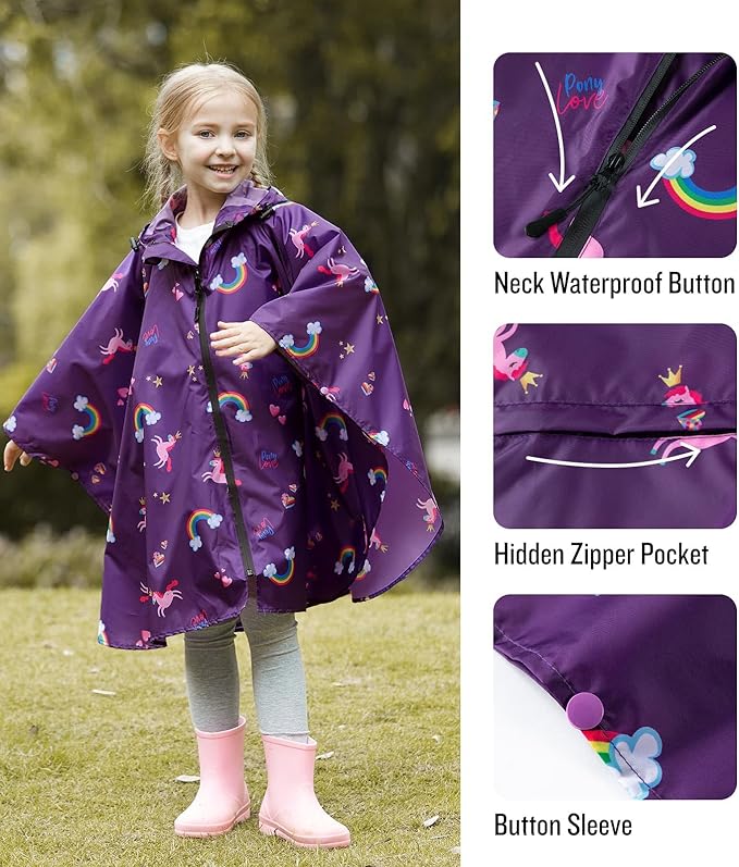 SaphiRose Lightweight Kids Rain Poncho Waterproof Jacket Zipper Up Rain Coat