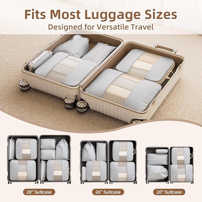 6 Set Compression Packing Cubes, Travel Packing Organizers with Breathable Mesh, Space-Saving Lightweight Portable Storage Bags Set for Travel Accessories Luggage Suitcase Backpack, Grey