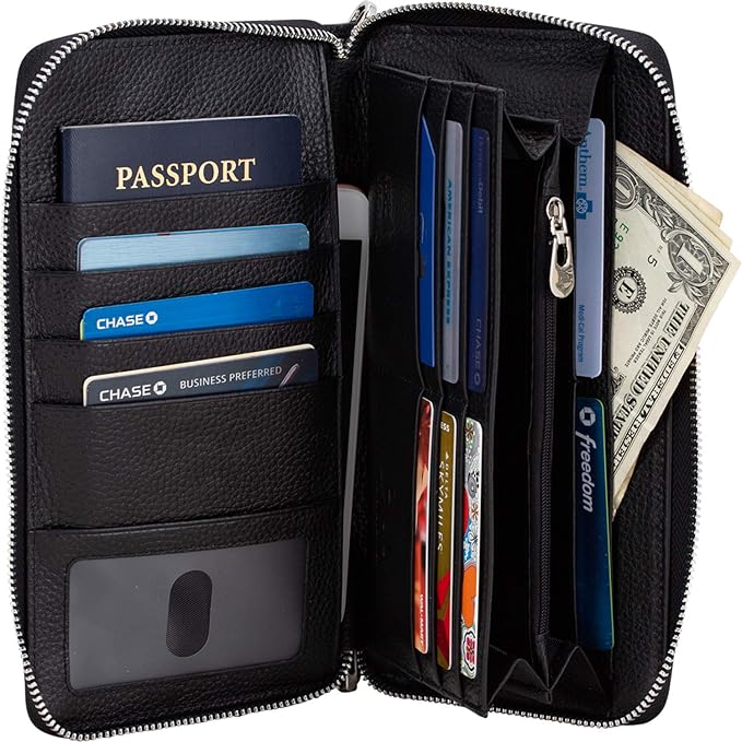 Brelox Travel Wallet Family Passport Holder - RFID Document Organizer for 4 5 6 passports - Genuine Leather - Black