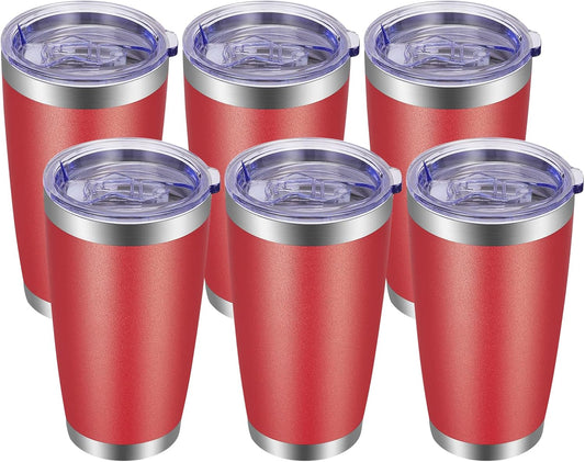 VEGOND 20oz Tumbler with Lid and Straw Stainless Steel Tumbler Cup Bulk Vacuum Insulated Double Wall Travel Coffee Mug Powder Coated Coffee Cup(Powder Red 6 Pack