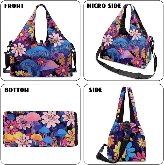 Womens Duffle Bag with Shoes Compartment, Mushroom Workout Bag with Yoga Mat Holder, Wet Pocket, Carrying Function Gym Bags for Yoga Pilates Swimming