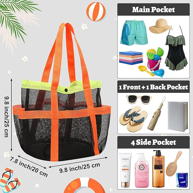 Mesh Beach Bag, Foldable Waterproof Sandproof Beach Storage Tote with 6 Pockets, Swim Tropical Vacation Pool Essential