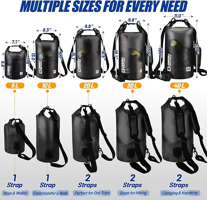 Waterproof Dry Bag, 5L/10L/20L/30L/40L Roll Top Lightweight Storage Backpack with Phone Case for Women & Men, Floating Waterproof Sack for Travel, Swimming, Kayaking, Paddle Board, Camping & Beach