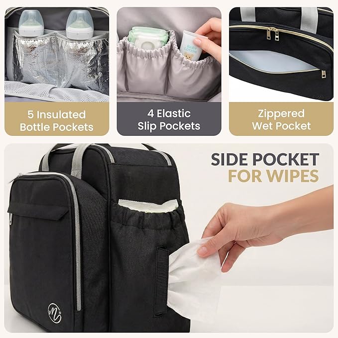 Mellories 4 in 1 Convertible Diaper Bag Tote For Baby Boys and Girls - Converts Into Diaper Backpack, Baby Tote, Stroller Bag and Crossbody Diaper Bag - Black Baby Travel Bag - Gift for Mom