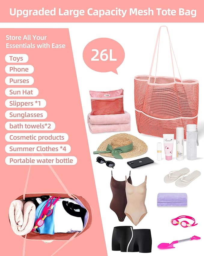 Mesh Beach Tote Bag Packable,2026 New 2-in-1 Large Lightweight Foldable Beach Bags with Multiple Pockets for Women