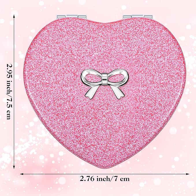 Compact Folding Mirror Heart Shaped Double-Sided 1X/2X Magnifying Mirror Cute Mini Glitter Makeup Mirror with PU Leather Ultra-Portable Cosmetic Mirror for Women Home Office Travel (Rose red)