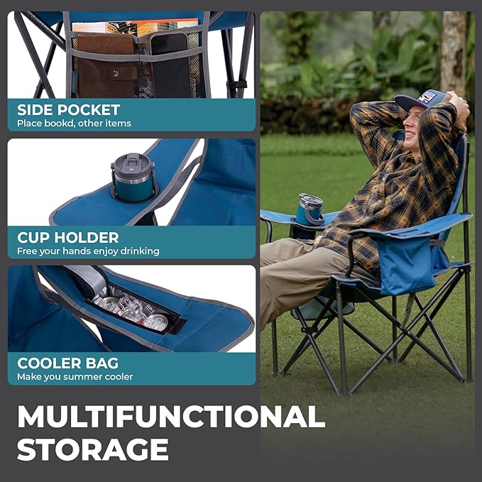 FUNDANGO Oversized Camping Chairs for Adults, Heavy Duty Fold Up Sports Games Lawn Chairs, Extra Wide Big Man Outdoor Chairs with Padded Lumbar Support Backrest, Bag Included for Camp, Outside, Beach