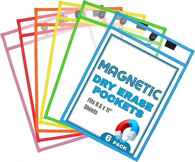 Magnetic Dry Erase Pockets by Two Point (6-Pack) - Portrait - Clear Dry Erase Pocket Sleeves, Job Shop Ticket Holders, Clear Paper Sleeves Protectors, Magnetic Pouch
