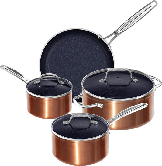 Nuwave 7pc Cookware Set Healthy Duralon Blue Ceramic Nonstick Coated, Diamond Infused Scratch-Resistant, PFAS Free, Oven Safe, Induction Ready & Evenly Heats, Tempered Glass Lids & Stay-Cool Handle