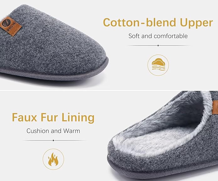 ONCAI Men's House Slippers Memory Foam Slip-On Warm Cozy Scuff Home Bedroom Shoes with Indoor/Outdoor Rubber Soles US Size 7-15
