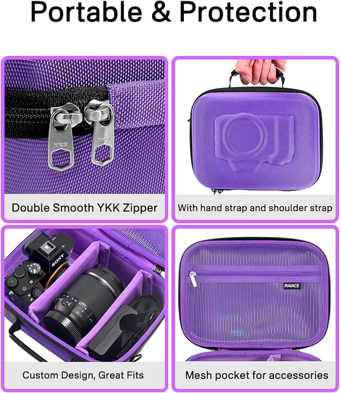 RAIACE Hard Case Compatible with Sony Alpha 7 II III IV/7R V Camera, for Nikon, for Canon, for Pentax and More. Mesh Pocket for Charger, Cables, Cards and Accessories. (case only) (Purple)