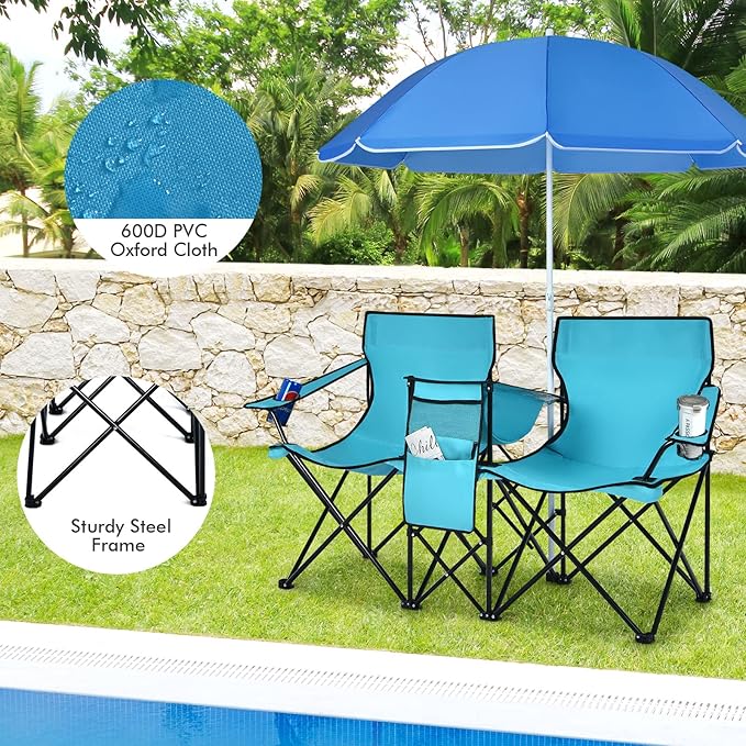 COSTWAY Double Portable Picnic Chairs, Folding Camping Chairs w/Detachable Umbrella, Cooler Bag, Cup Holders, Patio Beach Camping Chairs for Outdoors