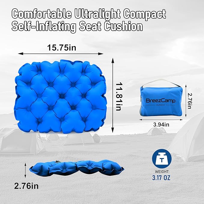 Inflatable Seat Cushion, Lightweight Stadium Seat Pad, Travel Air seat Cushion Anti-Slip for Airplane, Hiking, Climbing, Home and Camping,Blue
