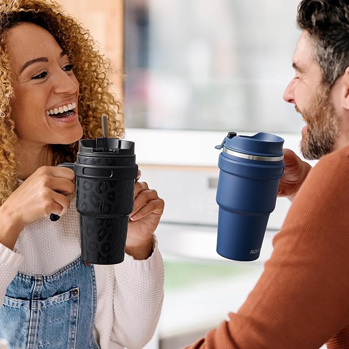 ALOUFEA 20 oz Insulated Coffee Mug Tumbler with Handle, Stainless Steel Travel Mug Tumbler with Lid and Straw,Double Wall Vacuum Leak Proof Ice Coffee Thermal Cup, Navy/Rose Gold