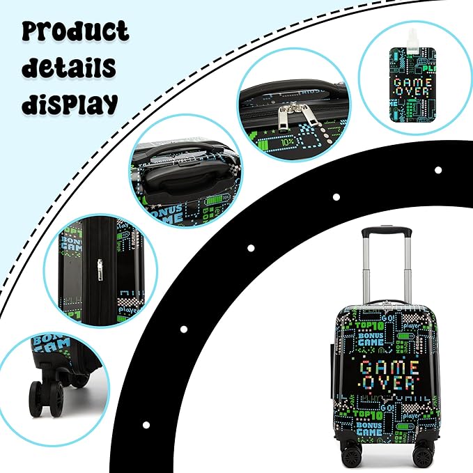 Kid's Luggage Set 5 Piece Suitcase Set 16" Hardside Luggage with Spinner Wheels Boys Carry on Toddler Travel Rolling Luggage Airline Approved