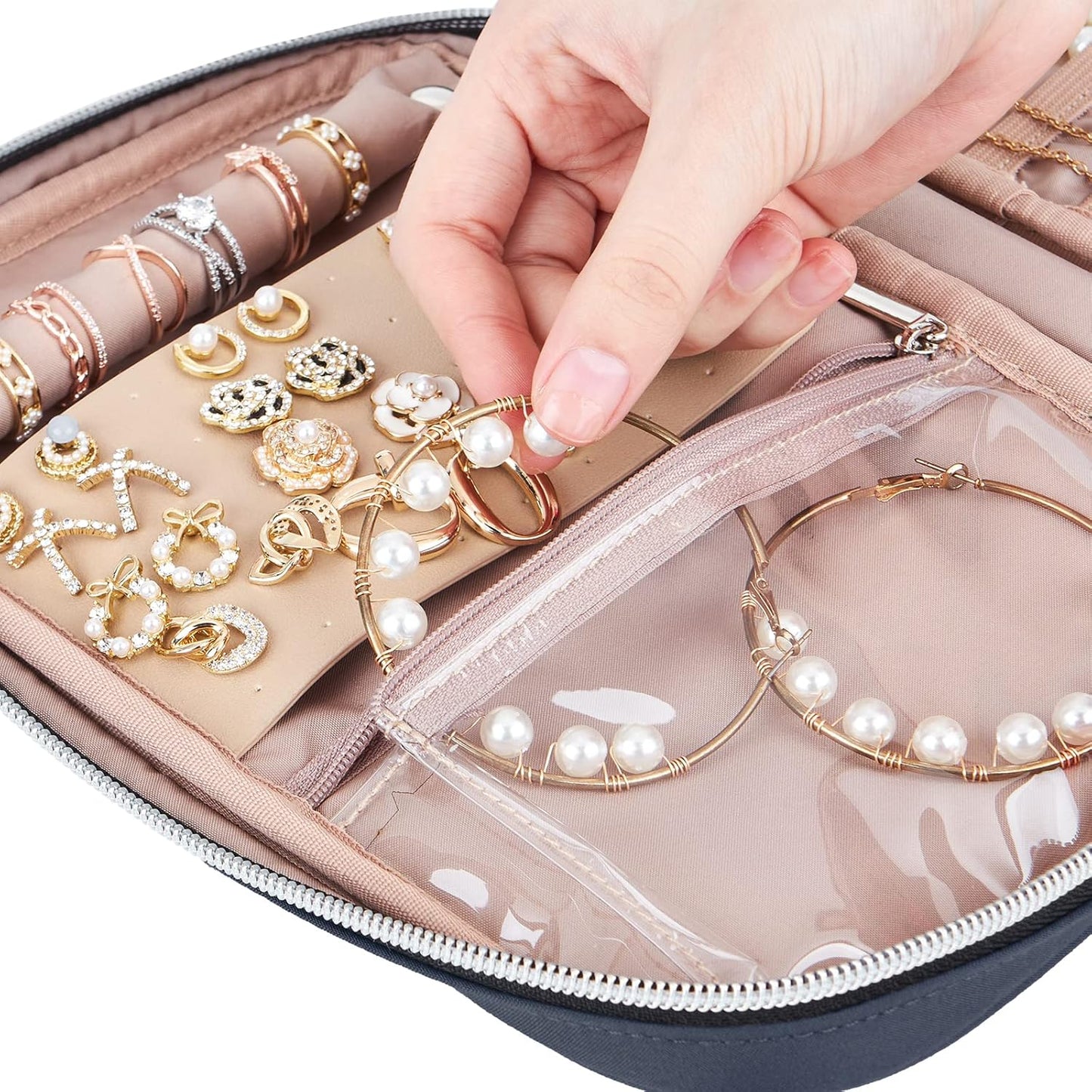 BELALIFE Travel Jewelry Organizer, Portable Jewelry Storage Case for Earrings, Rings, Necklaces, Bracelets, Blue-Gray