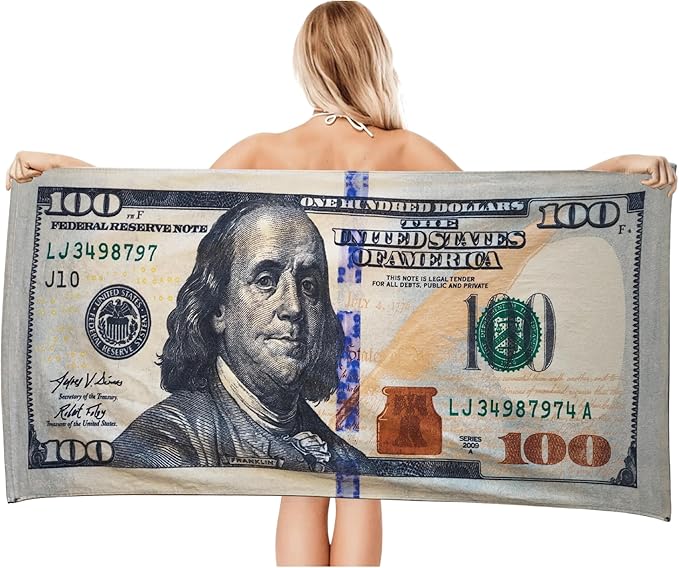 $100 Bill Money Beach Towel 30”x60” - Soft Cotton Velour, Highly Absorbant, Fast Drying, Easy-Pack for Spring Break, Vacation, Beach, Pool or Sunbathing - Lightweight, Compact for Travel-Novelty Gift