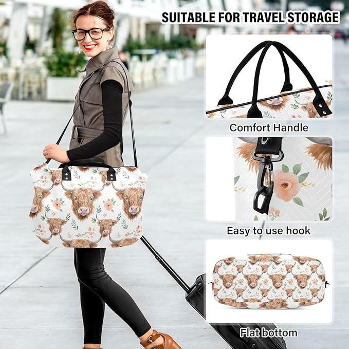 Watercolor Floral Highland Cows Pattern Travel Duffle Bag Gym Yoga Carry on Bags for Men Women Weekender Bag