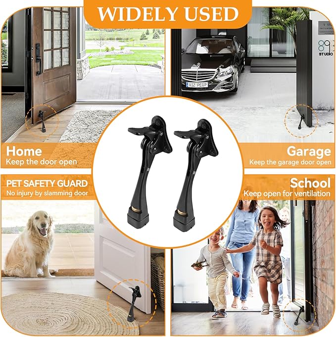 Kickdown Door Stopper 5 Inches - One Packs One Touch Adjustable Height Door Stop for The Bottom of Door Aluminum Alloy Metal Door Stopper with Rubber Tip & Wall Protectors for Wide Doors Black