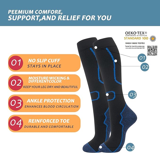 fenglaoda 3 Pairs Compression Socks for Women & Men Knee High Nurse Pregnant Cute Medical Running Travel Athletic