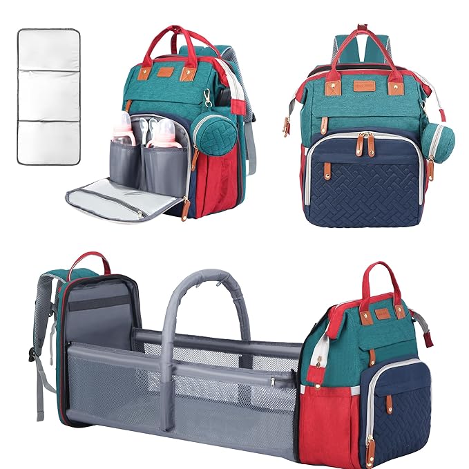 Diaper Bag Backpack, Baby Diaper Bag, Multifunctional Large Capacity, with Diaper Changing Station, Travel Diaper Bag Backpack (Blue-Green)