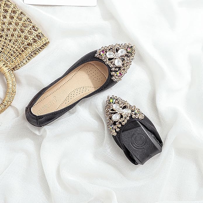 Women Ballet Flats Sparkly Rhinestone Wedding Ballerina Shoes Pointed Toe Foldable Comfort Slip on Flat Dress Shoes