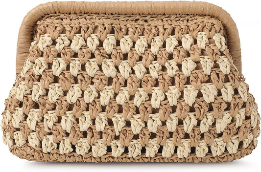 Clothirily Straw Clutch Purses for Women, Cloud Dumpling Woven Bag with Detachable Chain, Beach Crossbody Shoulder Handbag