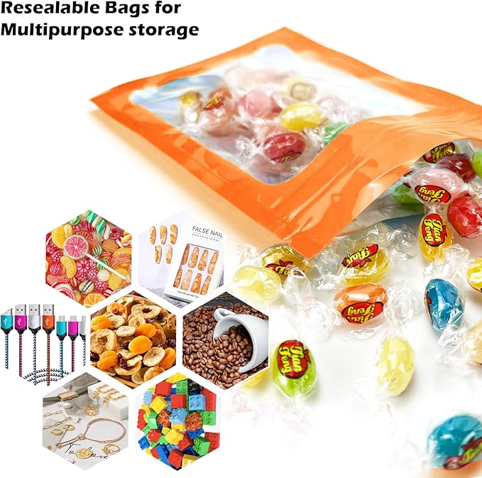 300 Pcs Holographic Mylar Bags, 3 Size Smell Proof Bags with Clear Window Foil Pouch Bags Resealable Bags for Small Business and Food Storage, Orange