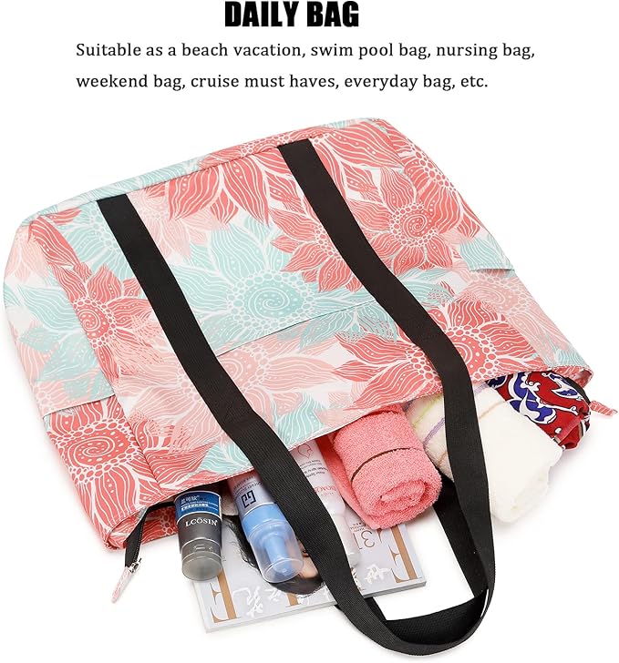 Octsky Large Beach Bags for Women - Waterproof Sandproof Beach Tote with Dual Zipper and Wet Pocket - 3 Outside Pockets