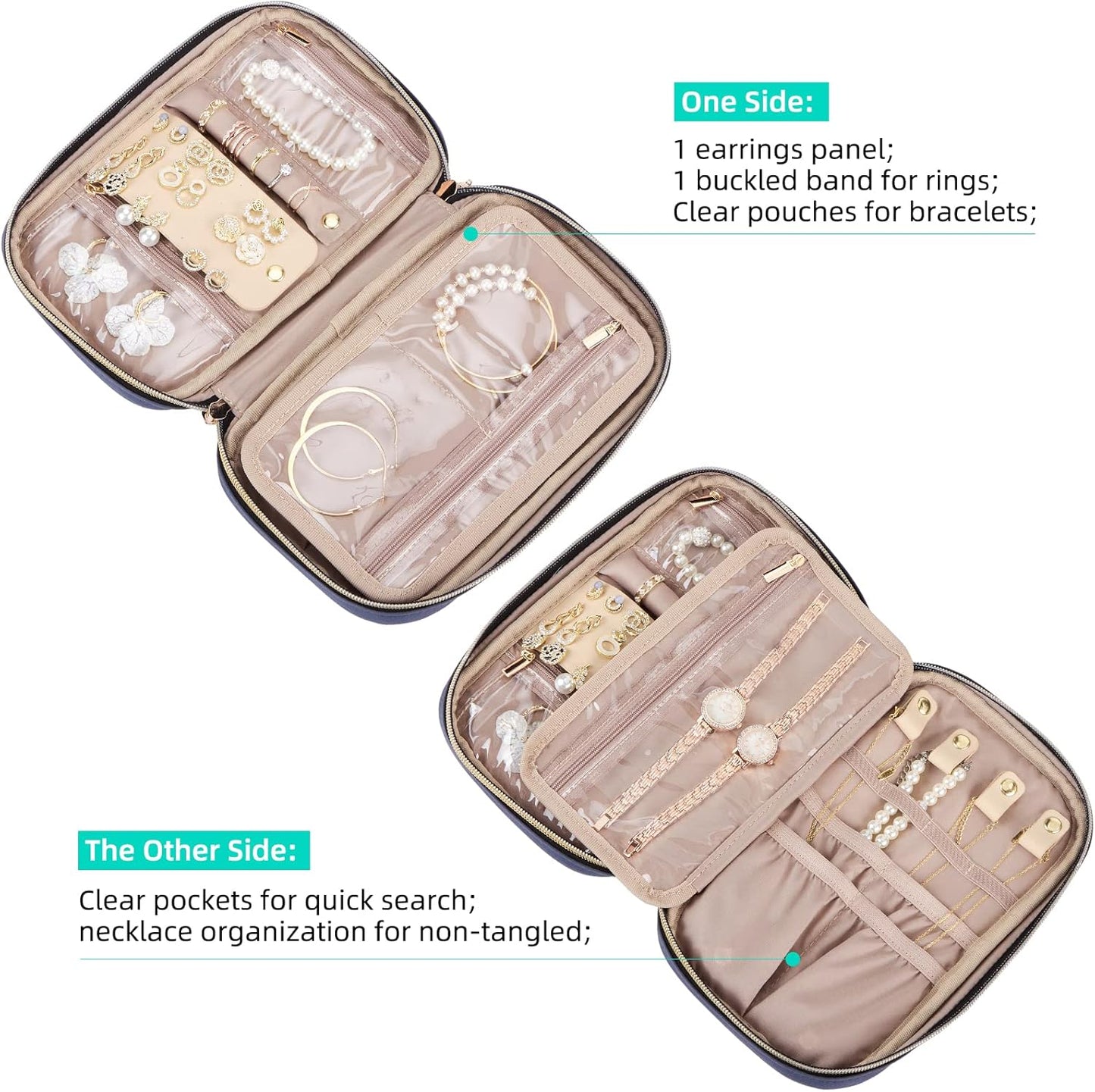 NISHEL Travel Jewelry Case, Holiday Organizer for Necklaces, Earrings, Rings, Bracelets, Watch, Aegean-Blue