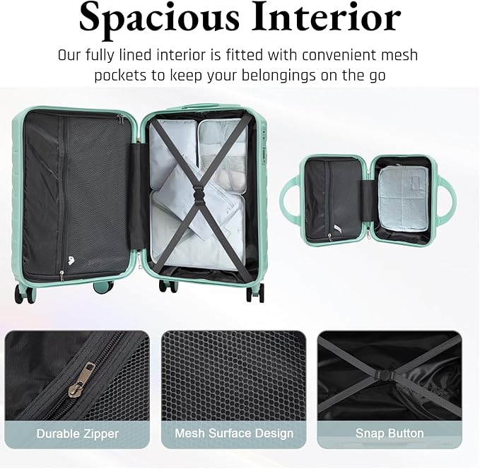 2-Piece ABS Hard Shell Lightweight Carry-On Luggage Set (14" & 20"), 360-Degree Spinner Wheels, Adjustable Telescopic Handle and Combination Lock for Travel, Mint Green