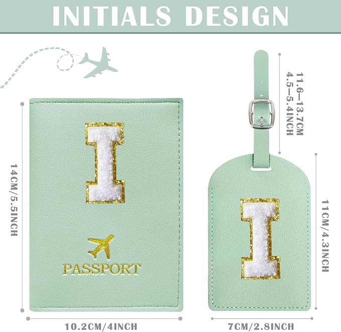 COSHAYSOO Green Passport Cover and Luggage Tag Set TSA Approved with Her Initial Chenille Letter Patch, Trendy Travel Bag Backpack Suitcase Identifier Gifts for Daughter Mother Sister in Law (I)