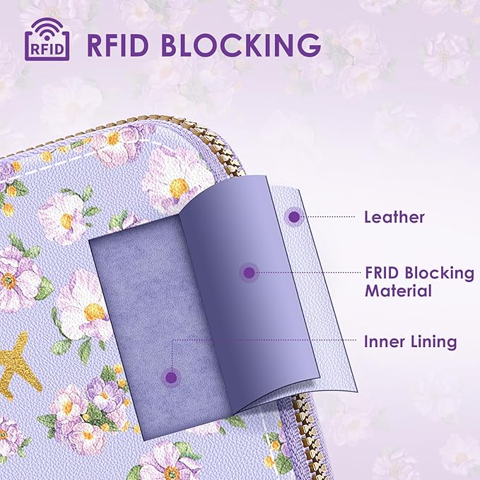 Passport Holder, Passport Holder For Travel, Passport Cover For Travel Essentials, Passport Wallet Cover RFID Blocking, Cute Passport Book for Women and Men, Purple Flowers