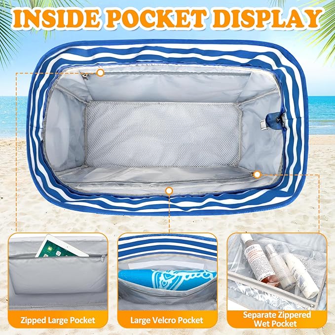 Large Beach Bag with Zipper, 12 Pockets Waterproof Sandproof Pool Bag Womens Mesh Beach Tote Bag for Travel Vacation