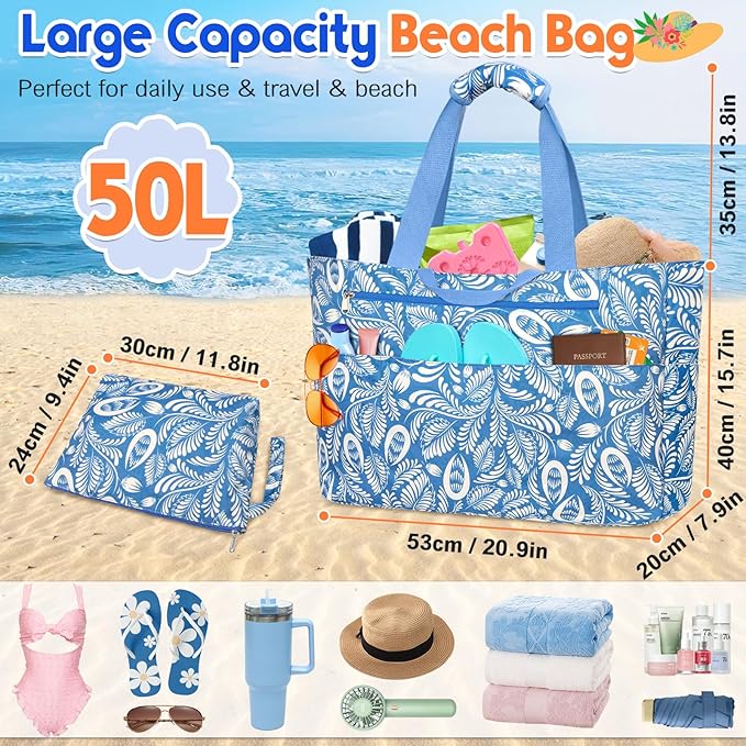 BKNOOU Extra Large Beach Bags Waterproof Sandproof XL Beach Tote Bag for Women Zipper Foldable Swim Pool Bag with Wet Pocket