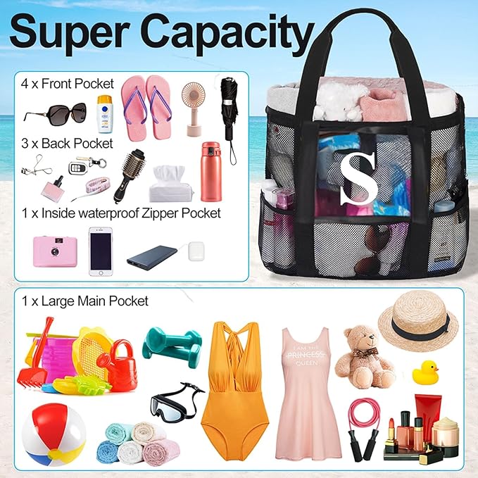 Personalized Mesh Beach Bag for Women - Waterproof Initial Tote Bag for Family Travel, Toys, Vacation Essentials