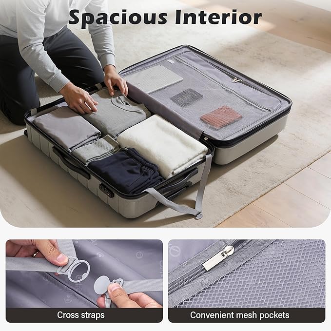 Coolife Expandable Large Checked Luggage with Spinner Wheels, Hard Shell Suitcase TSA Lock Rolling Travel Luggage 28-inch,Gray