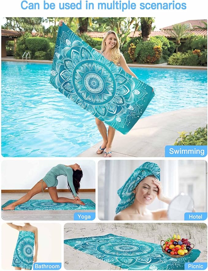 White Mandala Pattern Beach Towel 35" x 71" Teal Green Abstract Art Quick Dry Sand Free Pool Towels Soft & Absorbent Compact Towels Beach Accessories for Travel Bathroom Swimming Pool