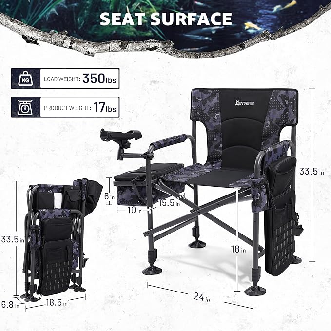 X Strike Heated Fishing Chair with Rod Holder Cooler Bag Storage Bag Shoulder Strap and Adjustable Feet, 350LBS Heavy Duty Folding Ice Fishing Chair for Adults Outdoor Camping (Battery Not Included)
